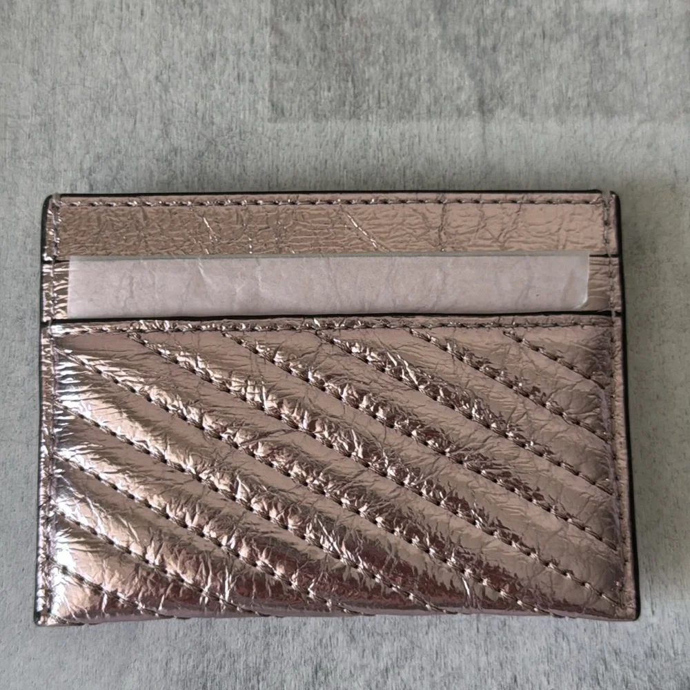 Tory Burch Leather Kira Moto Quilt Metallic Pave Logo Card Case Sparkle Pink